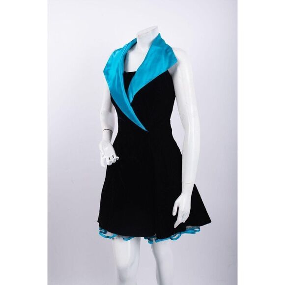La Glo 1980s Vintage Velvet Rocker Halter Dress Collared Blue Women's Small - Picture 4 of 6